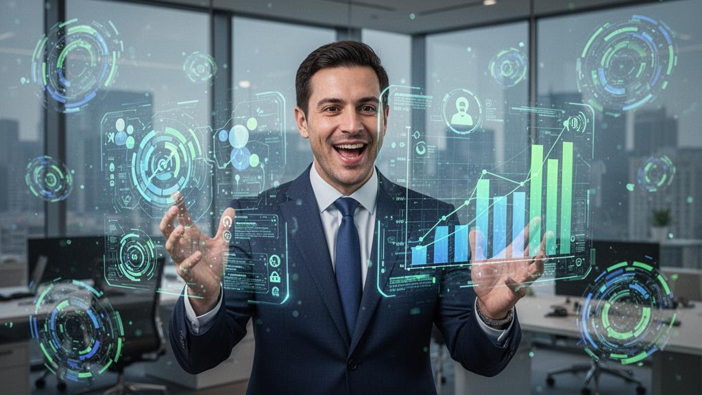 Advogado interagindo com hologramas de marketing digital, simbolizando inovações no setor jurídico em 2026.