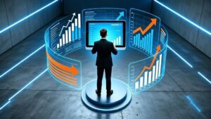 Advogado analisando dados em tablet com gráficos digitais, enfatizando as Vantagens do Marketing Jurídico Digital para Advogados.