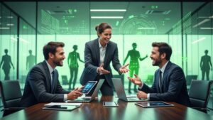 Grupo de advogados e clientes em ambiente moderno discutindo estratégias para 2026, refletindo o futuro do marketing digital jurídico.