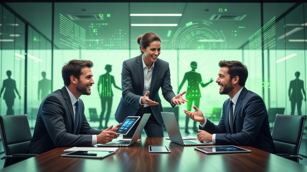 Grupo de advogados e clientes em ambiente moderno discutindo estratégias para 2026, refletindo o futuro do marketing digital jurídico.
