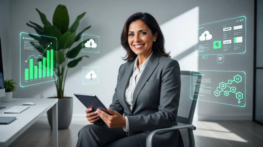 Advogada em home office analisando dados com ícones tecnológicos flutuantes, preparando-se para o marketing jurídico digital do futuro.