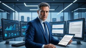 Desafios do Marketing Digital na Advocacia Como Superá-los: advogado trabalhando com gráficos flutuantes e estratégias digitais no escritório moderno.