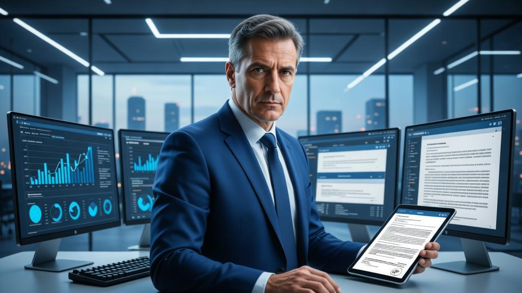 Desafios do Marketing Digital na Advocacia Como Superá-los: advogado trabalhando com gráficos flutuantes e estratégias digitais no escritório moderno.