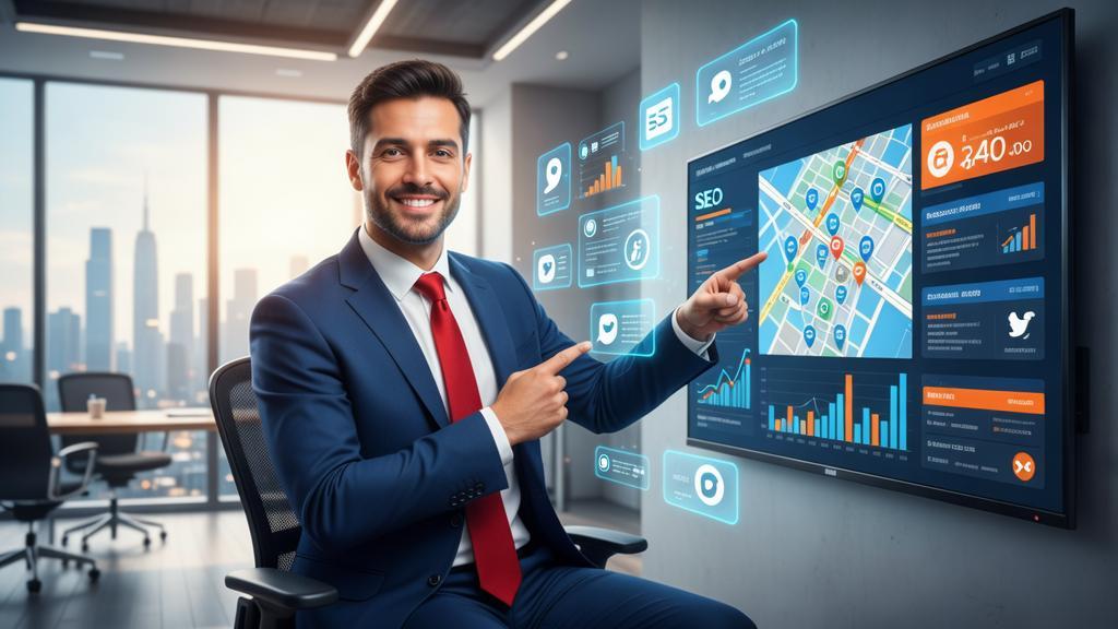 Advogado utilizando tecnologia avançada para SEO local em escritório moderno, focando nas buscas regionais.