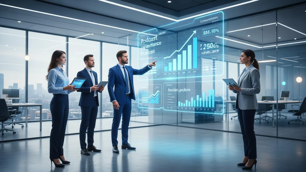 Advogado e equipe de marketing digital planejando podcast em um ambiente moderno e tecnológico, enfatizando a era digital no marketing jurídico.