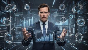 Advogado interagindo com hologramas de dados jurídicos, representando o impacto da inteligência artificial no marketing jurídico.