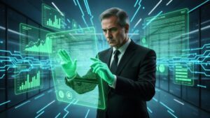 Advogado analisando hologramas de dados jurídicos em ambiente digital moderno, representando o direcionamento de campanhas por área do direito no marketing jurídico.