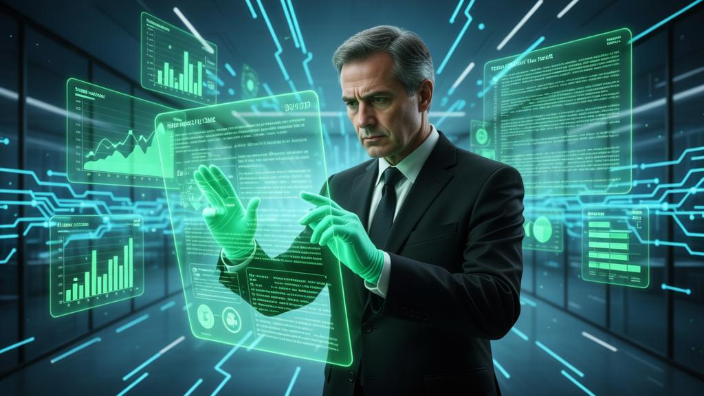 Advogado analisando hologramas de dados jurídicos em ambiente digital moderno, representando o direcionamento de campanhas por área do direito no marketing jurídico.