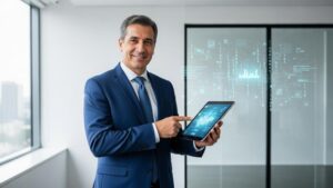 Advogado interagindo com dispositivo digital em escritório com elementos tecnológicos para 'Guia de Marketing Digital para Advogados e Advocacia'