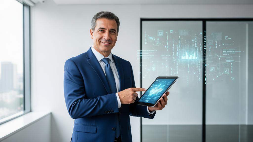 Advogado interagindo com dispositivo digital em escritório com elementos tecnológicos para 'Guia de Marketing Digital para Advogados e Advocacia'