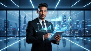 Advogado planejando evento jurídico em ambiente digital moderno com hologramas flutuantes.