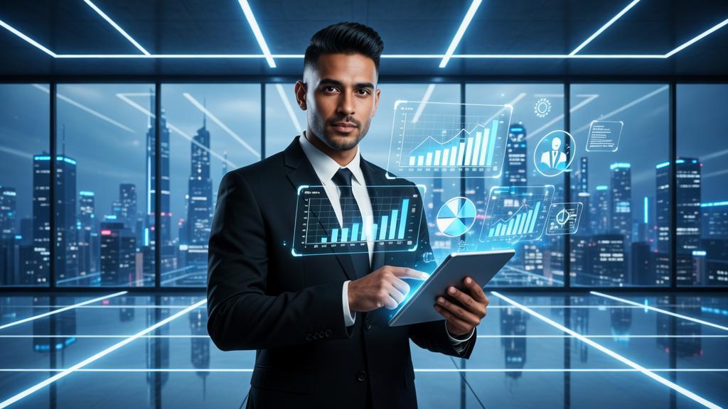 Advogado planejando evento jurídico em ambiente digital moderno com hologramas flutuantes.