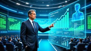 Advogado interagindo com influenciador digital em ambiente virtual representando parcerias no marketing jurídico.