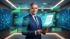 Advogado em escritório moderno com tecnologia flutuante, ilustrando estratégias de marketing de conteúdo jurídico.