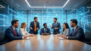 Grupo de advogados em reunião em escritório moderno, simbolizando Marketing Jurídico para Startups de forma Ética