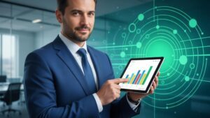 Advogado conversando através de um tablet e analisando gráficos em escritório moderno, ferramentas digitais, marketing jurídico.
