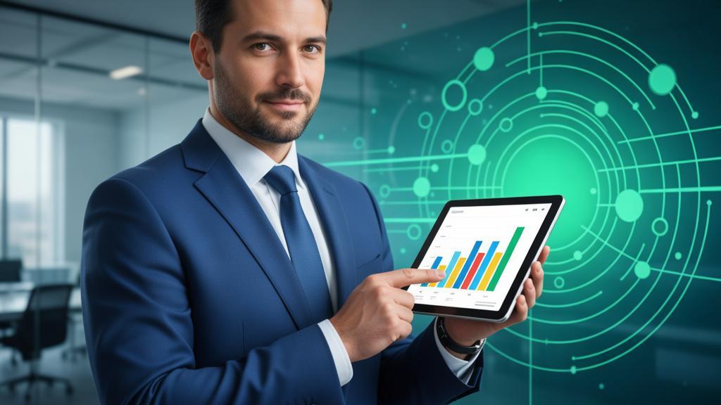 Advogado conversando através de um tablet e analisando gráficos em escritório moderno, ferramentas digitais, marketing jurídico.