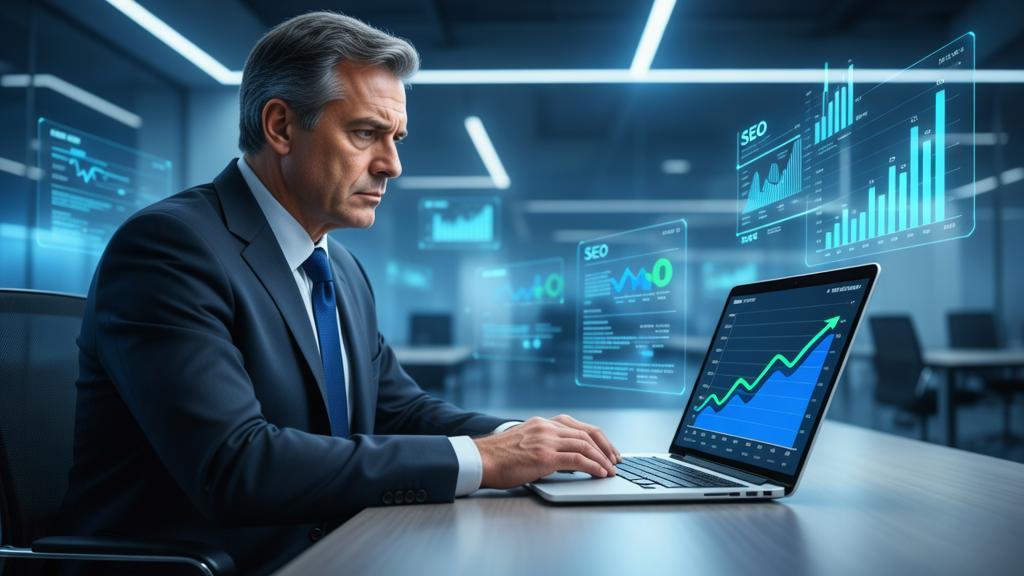 Advogado analisando gráfico de desempenho de SEO em um laptop, destacando a importância das palavras-chave no marketing jurídico.
