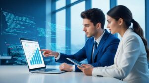 Advogado jovem revisando conteúdo digital com assistente em escritório moderno - Modelos de Conteúdo para Blogs Jurídicos Estratégicos