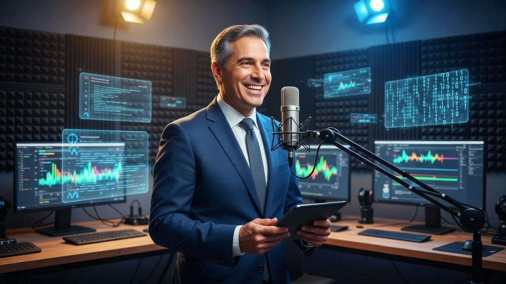Advogado experiente gravando um podcast em estúdio moderno com elementos tecnológicos flutuantes, representando 'Como Lançar um Podcast Jurídico: Guia Completo para Advogados e Escritórios de Advocacia'
