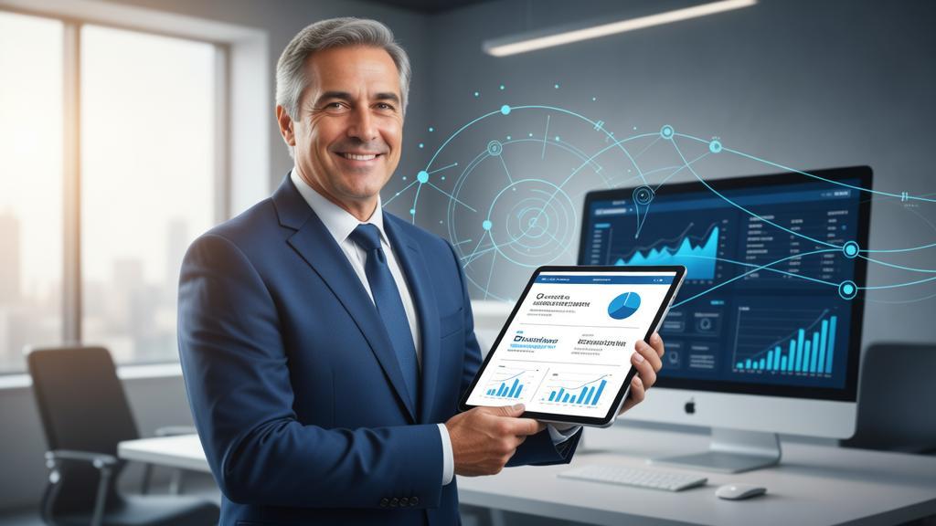 Advogado apresentando seu portfólio digital em tablet, ilustrações de tecnologia flutuantes, tema: Como Montar um Portfólio Digital Jurídico Irresistível e Atrair Mais Clientes.