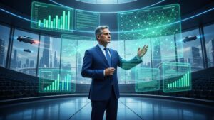 Advogado interagindo com hologramas, representando Marketing Jurídico para Advocacia de Família Estratégias Eficazes.
