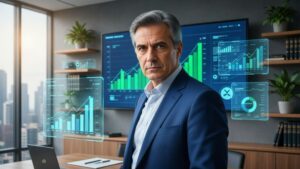 Advogado inteligente analisando gráficos de desempenho em tela digital, demonstrando a importância do monitoramento de resultados no marketing jurídico.