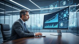 Advogado analisando dados em tela digital com elementos tecnológicos flutuantes, em contexto de gerenciamento de crises online.