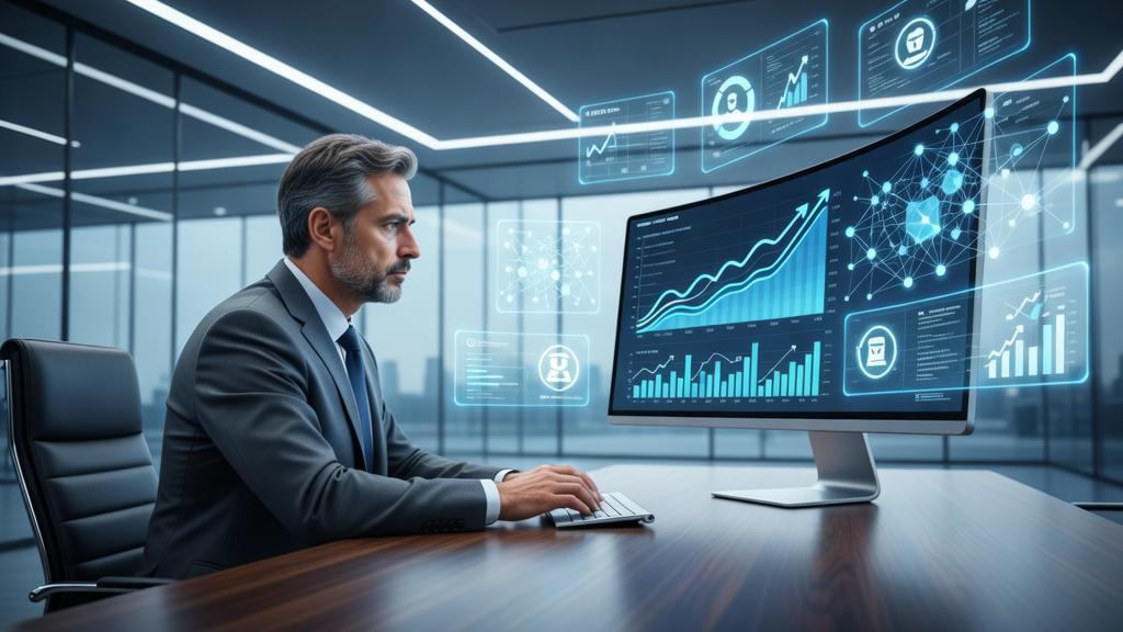 Advogado analisando dados em tela digital com elementos tecnológicos flutuantes, em contexto de gerenciamento de crises online.