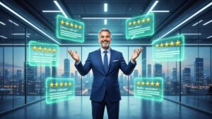 Advogado interagindo com hologramas de avaliações flutuantes em um ambiente moderno e tecnológico, simbolizando o poder das avaliações online na advocacia.