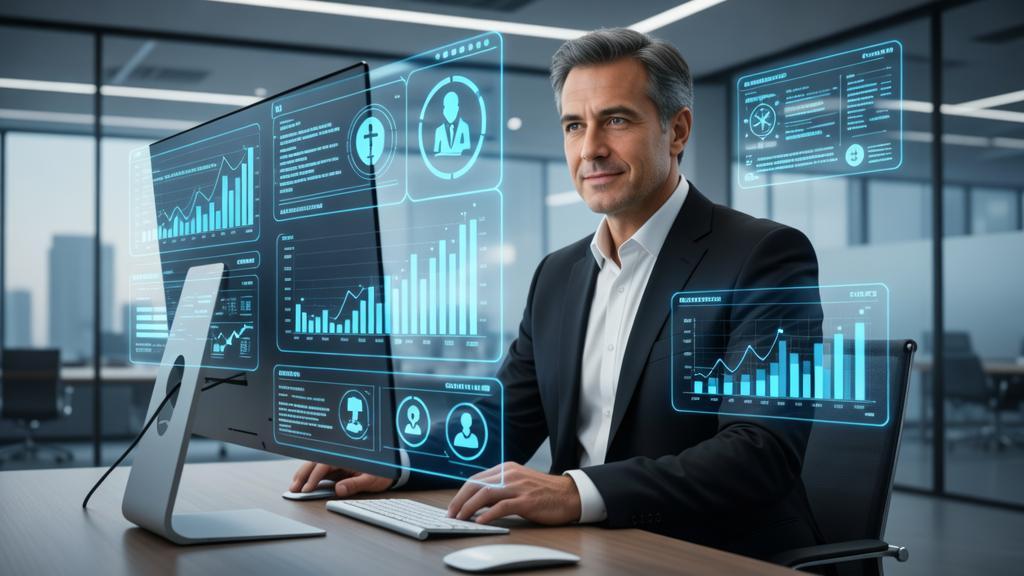 Advogado utilizando uma interface digital em escritório moderno com elementos tecnológicos flutuantes, para o artigo 'Como Criar Conteúdo para Clientes Empresariais em Advocacia'.