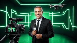 Advogado filmando conteúdo para YouTube com tecnologia flutuante em estúdio moderno, Dicas para Crescer Canal no YouTube Jurídico.