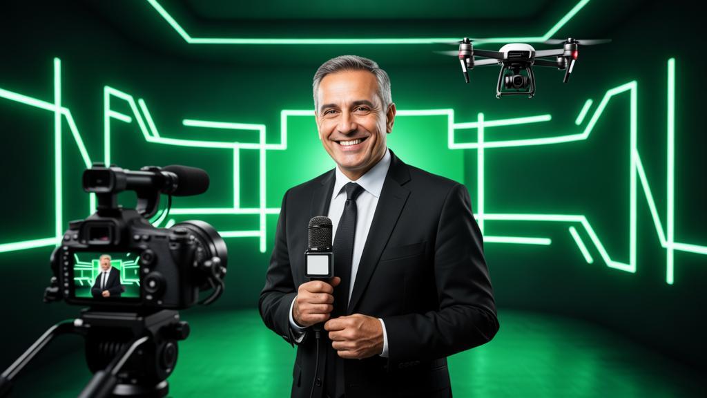 Advogado filmando conteúdo para YouTube com tecnologia flutuante em estúdio moderno, Dicas para Crescer Canal no YouTube Jurídico.