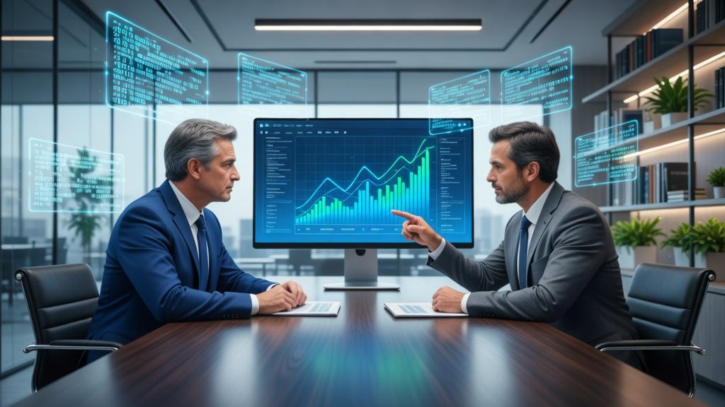 Grupo de advogado e cliente discutindo estratégias em escritório jurídico moderno com elementos tecnológicos flutuantes, sobre Marketing de Relacionamento em Escritórios Jurídicos para Fidelizar Clientes