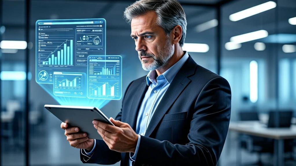 Advogado experiente utilizando tecnologia avançada em ambiente de escritório moderno, ilustrando o papel do marketing digital nas bancas jurídicas.