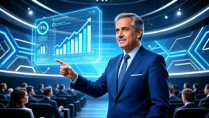 Advogado apresentando evento online com hologramas flutuantes em ambiente moderno, refletindo como promover eventos online do escritório para advogados.