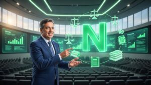 Advogado apresentando workshop virtual com tecnologia moderna e elementos digitais flutuantes, guia para produção de vídeos jurídicos