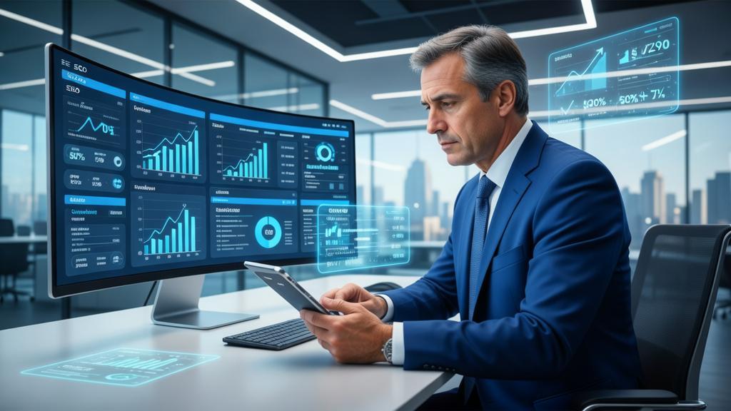 Advogado analisando gráficos de SEO com elementos tecnológicos flutuantes, relacionado a SEO para Escritórios de Direito Penal como atrair clientes com autoridade digital.