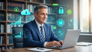Advogado experiente escrevendo em laptop com elementos tecnológicos, simbolizando a simplicidade na linguagem jurídica e a comunicação clara.