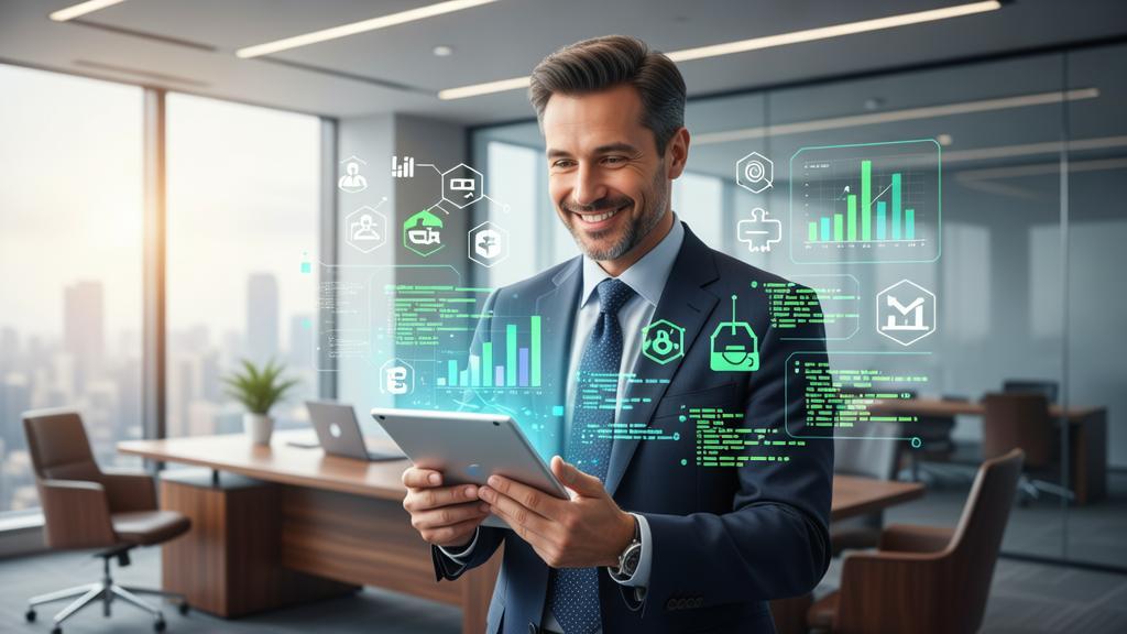 Advogado experiente usando um tablet em ambiente moderno, destacando como criar conteúdo interativo para o público jurídico.