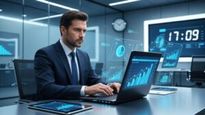 Advogado analisando dados em laptop com gráficos flutuantes ilustrando SEO para Blogs Jurídicos Como Atrair Clientes Qualificados.