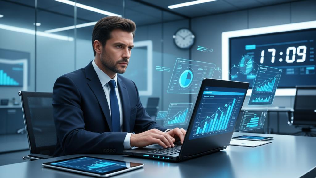 Advogado analisando dados em laptop com gráficos flutuantes ilustrando SEO para Blogs Jurídicos Como Atrair Clientes Qualificados.