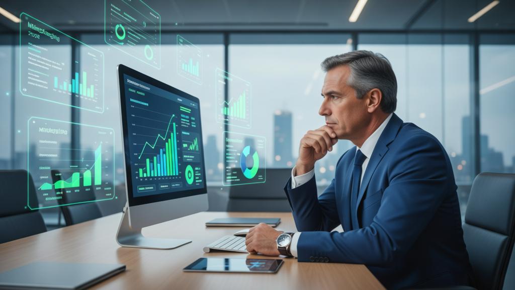 Advogado analisando dados de marketing digital em escritório moderno com elementos tecnológicos sobre o público-alvo jurídico online.