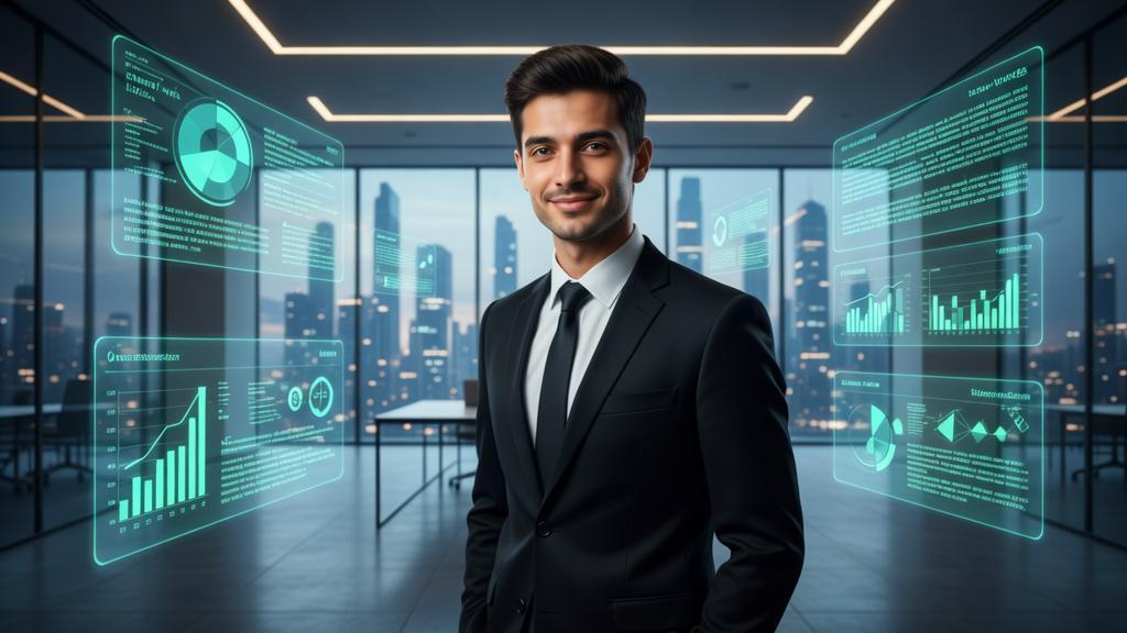 Jovem advogado em escritório moderno analisando informações com elementos tecnológicos flutuantes, relacionado ao marketing digital para atrair talentos.