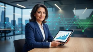 Profissional de marketing jurídico utilizando tecnologia avançada em escritório moderno, representando o marketing digital jurídico ético.