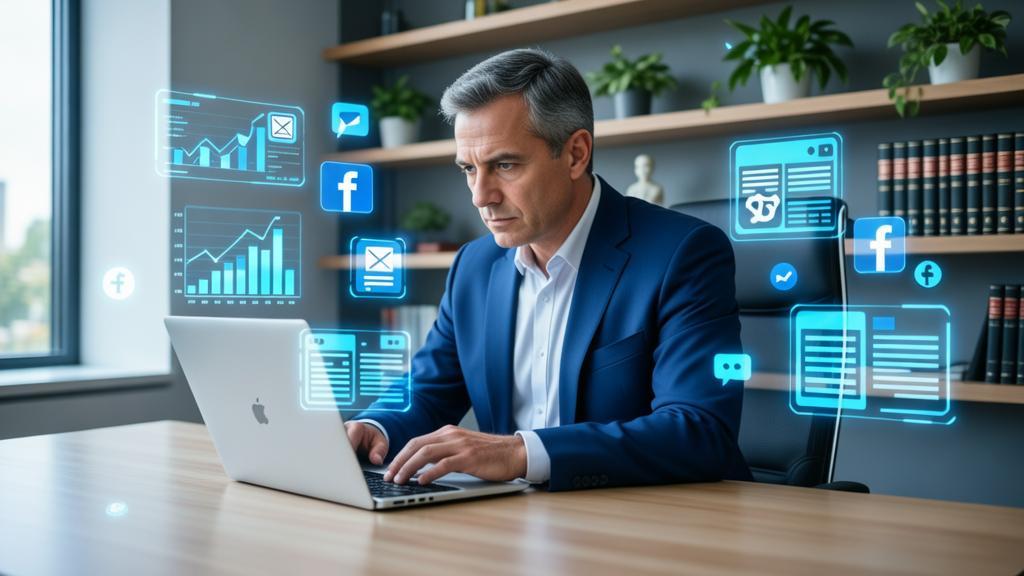 Advogado utilizando ferramentas modernas para automatizar redes sociais, refletindo a prática jurídica contemporânea e ética.
