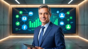 Como Fazer Gestão Online de Relacionamento com Clientes para Advogados. Advogado em escritório moderno com elementos tecnológicos flutuantes.