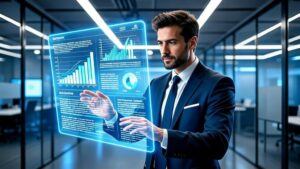 Advogado interagindo com holograma de dados em escritório moderno sobre o que é Buyer Persona Jurídica e Como Criá-la.