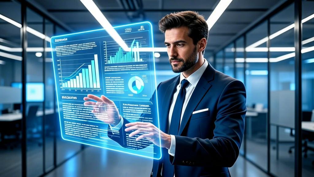 Advogado interagindo com holograma de dados em escritório moderno sobre o que é Buyer Persona Jurídica e Como Criá-la.