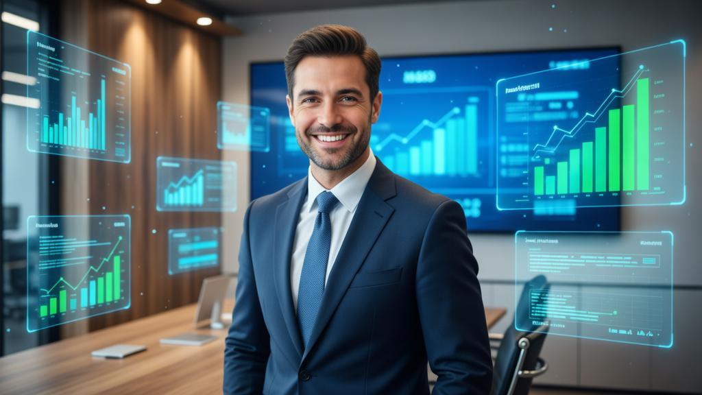Estratégias eficazes para advogados autônomos no digital, advogado autônomo em escritório moderno planejando estratégias com elementos tecnológicos flutuantes.